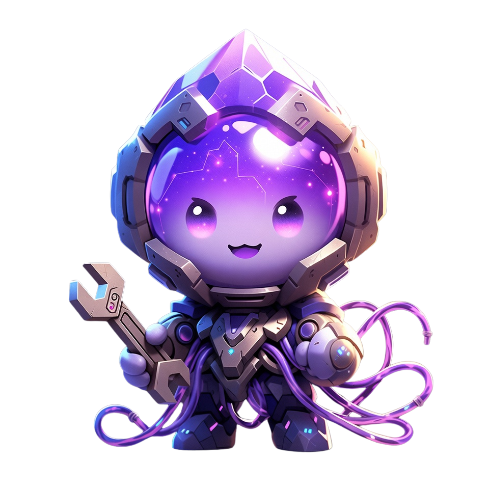 Nexus, PilotCast’s purple cosmic robot host holding a wrench